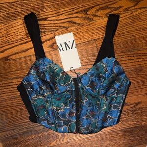 Zara Women's Black and Blue Patterned Crop Top